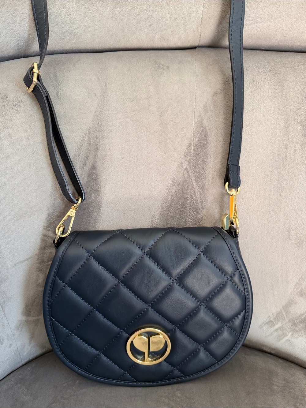 Quilted Navy Blue Crossbody Shoulder Bag with Gold Hardware